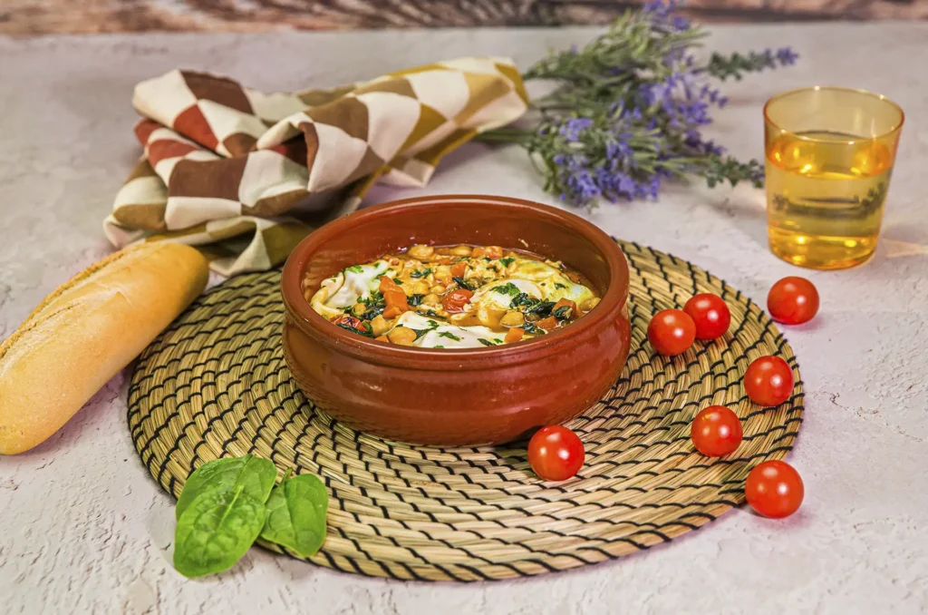 Garbanzos salteados con verduras y huevos estrellados